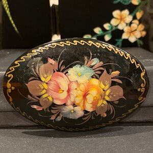 Russian Signed Floral  Hand Painted Oval Brooch